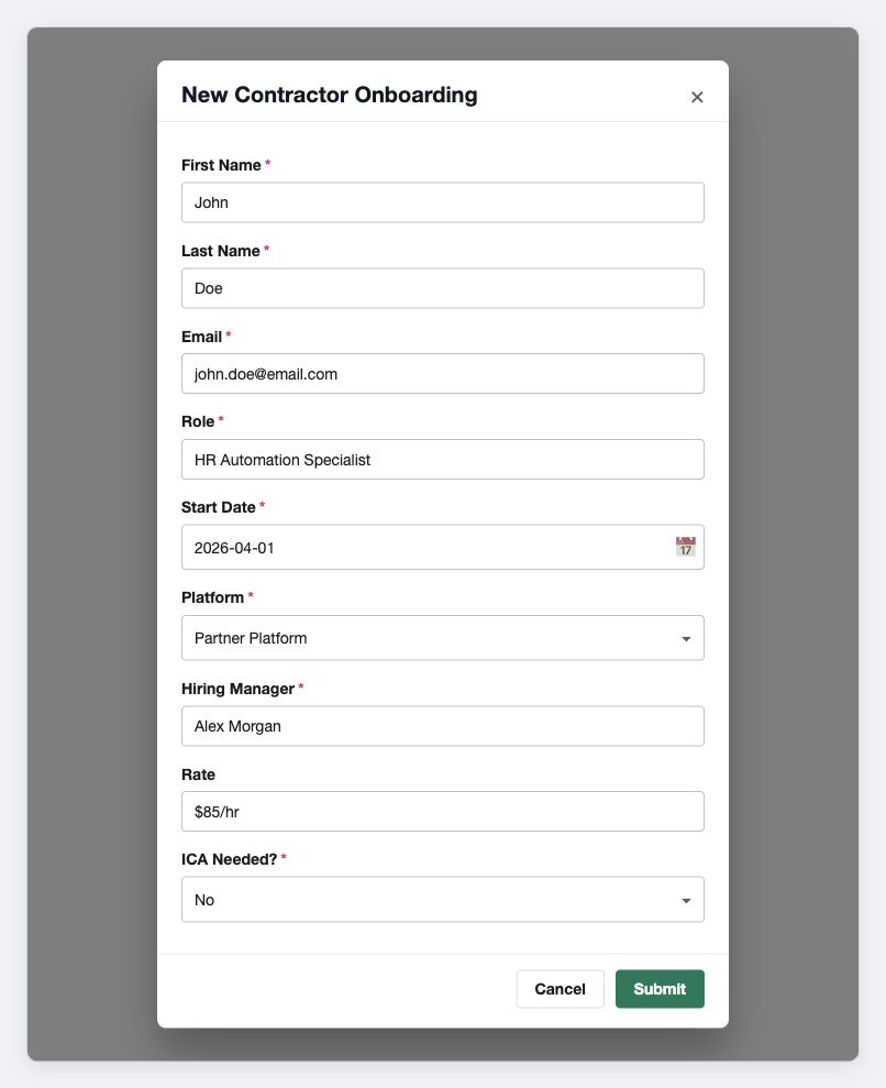 An anonymized Slack modal for entering a new contractor's onboarding details
