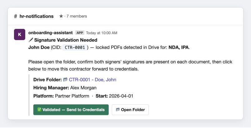 An anonymized Slack notification asking HR to validate signed documents